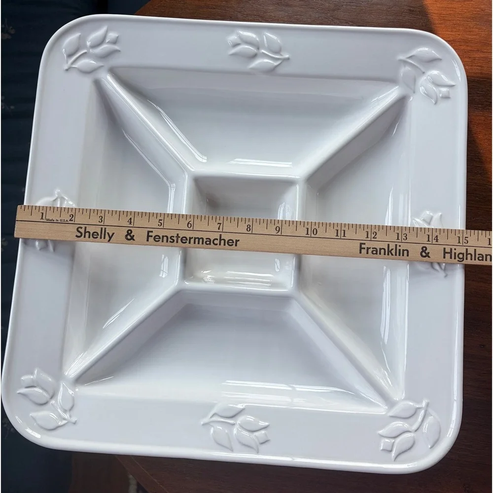 Vintage Portuguese White Ceramic Divided Serving Platter Embossed Leaf Tulip